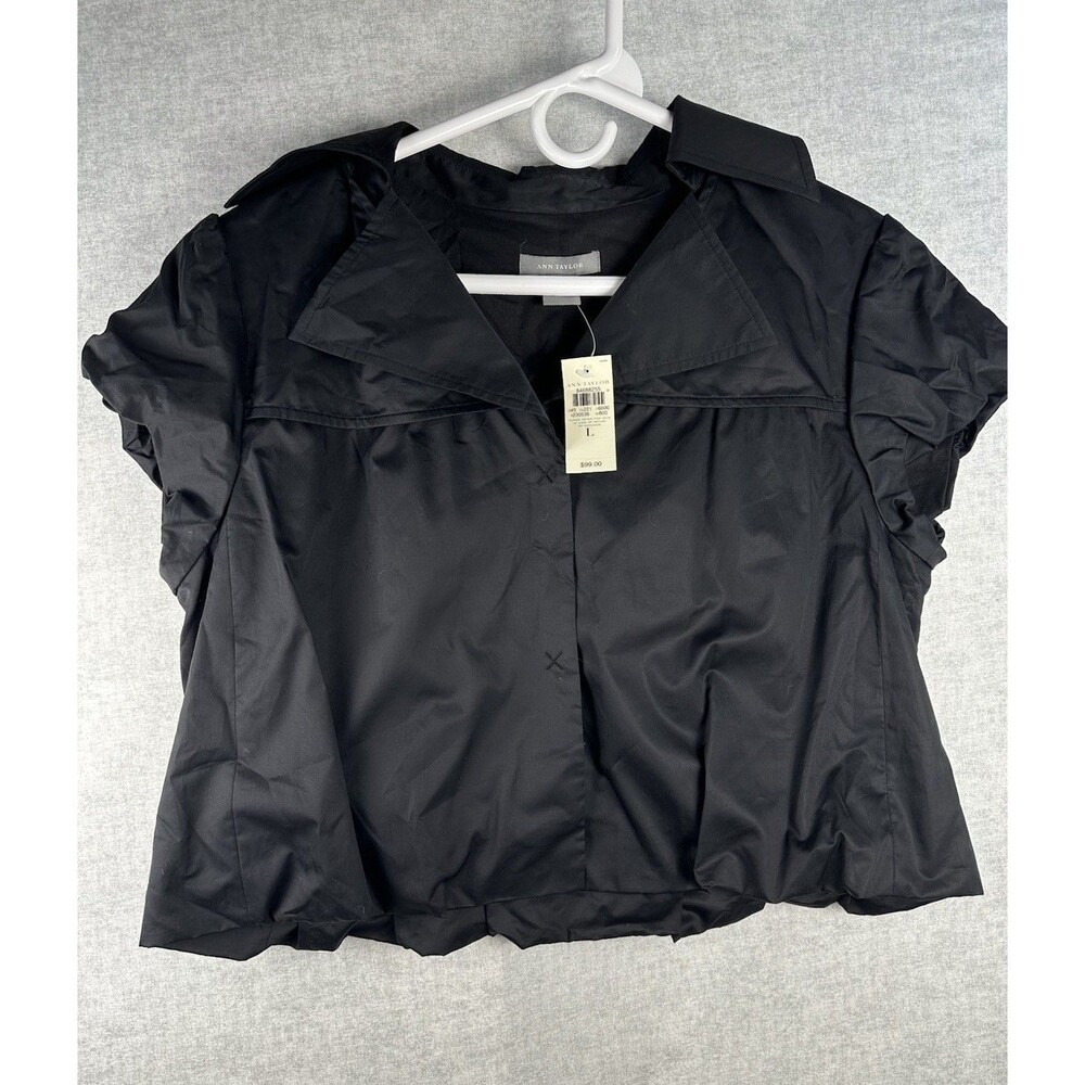 NWT Ann Taylor Cap Sleeve Cropped Jacket Black Size Lg Wide Collar Gathered Hems